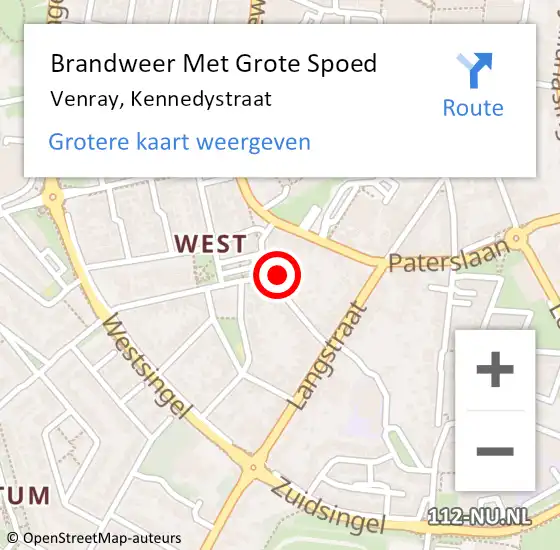 Locatie op kaart van de 112 melding: Brandweer Met Grote Spoed Naar Venray, Kennedystraat op 14 november 2024 10:16