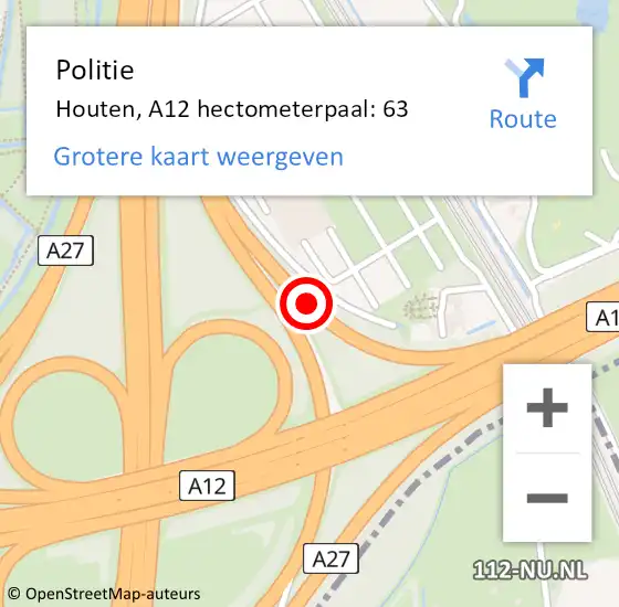 Locatie op kaart van de 112 melding: Politie Houten, A12 hectometerpaal: 63 op 14 november 2024 10:35