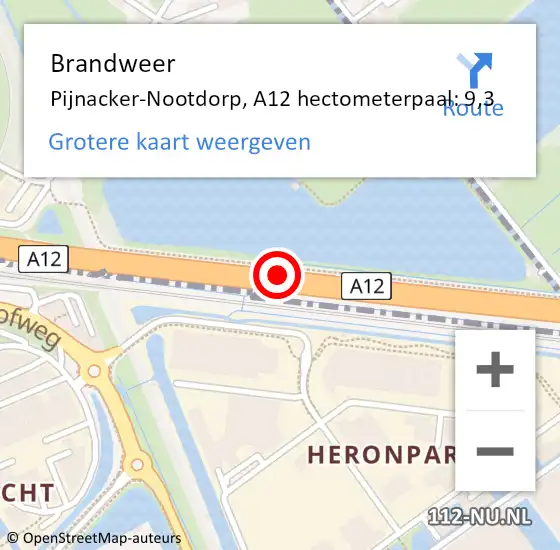 Locatie op kaart van de 112 melding: Brandweer Pijnacker-Nootdorp, A12 hectometerpaal: 9,3 op 14 november 2024 12:28