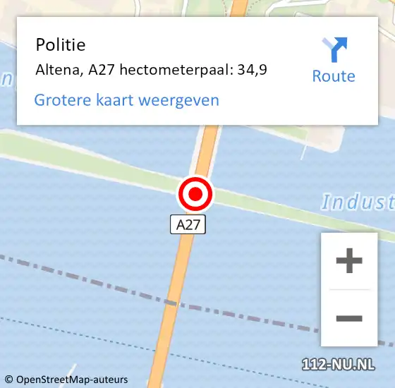 Locatie op kaart van de 112 melding: Politie Altena, A27 hectometerpaal: 34,9 op 14 november 2024 13:46