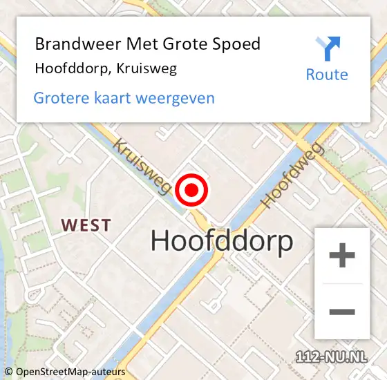 Locatie op kaart van de 112 melding: Brandweer Met Grote Spoed Naar Hoofddorp, Kruisweg op 14 november 2024 15:03