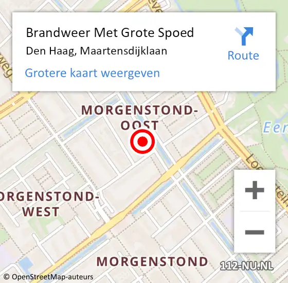 Locatie op kaart van de 112 melding: Brandweer Met Grote Spoed Naar Den Haag, Maartensdijklaan op 14 november 2024 15:44