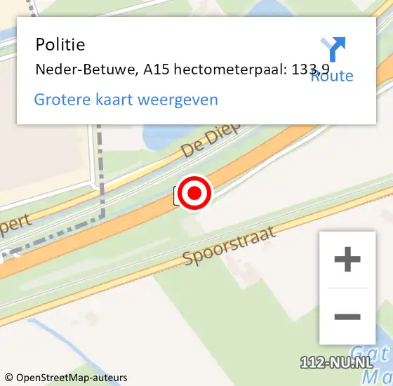 Locatie op kaart van de 112 melding: Politie Neder-Betuwe, A15 hectometerpaal: 133,9 op 14 november 2024 15:52