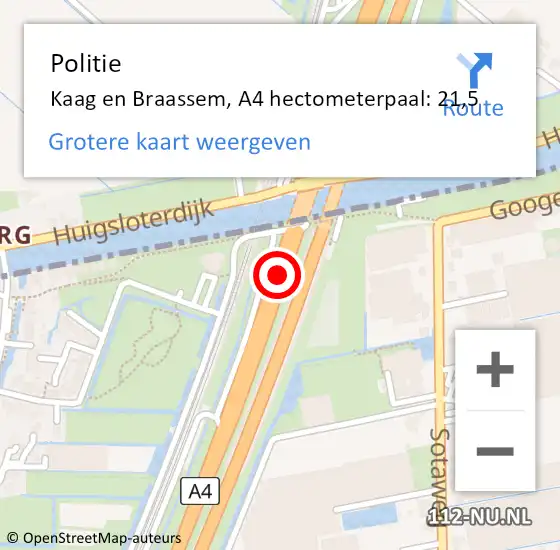 Locatie op kaart van de 112 melding: Politie Kaag en Braassem, A4 hectometerpaal: 21,5 op 14 november 2024 15:54