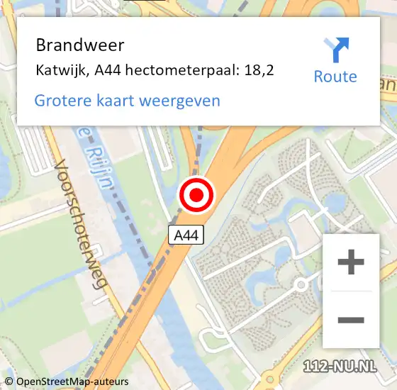 Locatie op kaart van de 112 melding: Brandweer Katwijk, A44 hectometerpaal: 18,2 op 14 november 2024 16:36