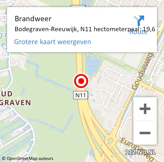 Locatie op kaart van de 112 melding: Brandweer Bodegraven-Reeuwijk, N11 hectometerpaal: 19,6 op 14 november 2024 16:46