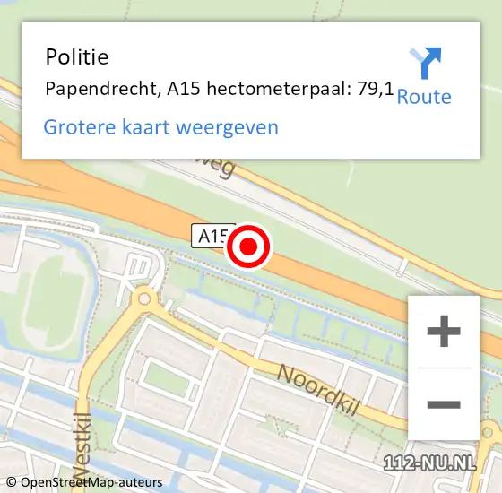 Locatie op kaart van de 112 melding: Politie Papendrecht, A15 hectometerpaal: 79,1 op 14 november 2024 16:51