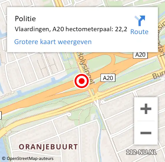 Locatie op kaart van de 112 melding: Politie Vlaardingen, A20 hectometerpaal: 22,2 op 14 november 2024 17:43