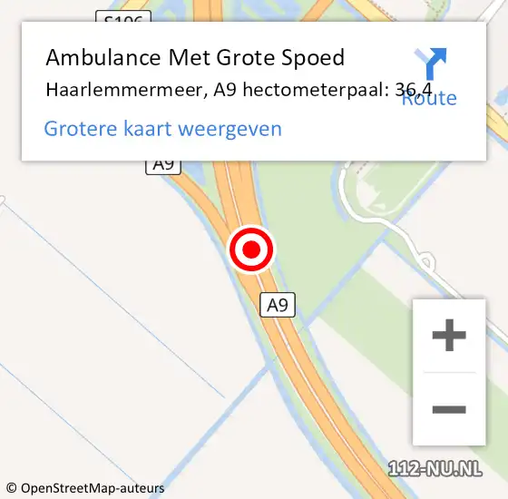 Locatie op kaart van de 112 melding: Ambulance Met Grote Spoed Naar Haarlemmermeer, A9 hectometerpaal: 36,4 op 14 november 2024 17:58