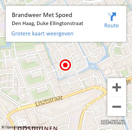 Locatie op kaart van de 112 melding: Brandweer Met Spoed Naar Den Haag, Duke Ellingtonstraat op 14 november 2024 18:20