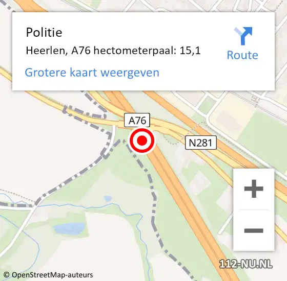 Locatie op kaart van de 112 melding: Politie Heerlen, A76 hectometerpaal: 15,1 op 14 november 2024 18:24