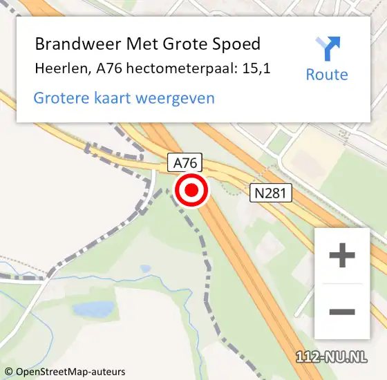 Locatie op kaart van de 112 melding: Brandweer Met Grote Spoed Naar Heerlen, A76 hectometerpaal: 15,1 op 14 november 2024 18:25