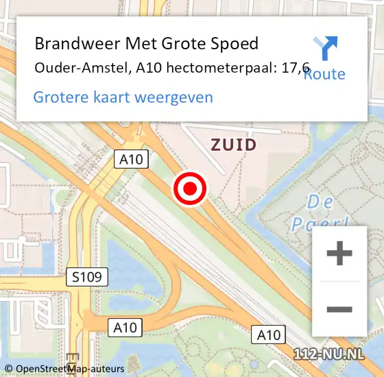 Locatie op kaart van de 112 melding: Brandweer Met Grote Spoed Naar Ouder-Amstel, A10 hectometerpaal: 17,6 op 14 november 2024 18:46