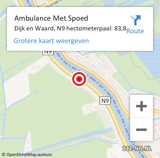 Locatie op kaart van de 112 melding: Ambulance Met Spoed Naar Dijk en Waard, N9 hectometerpaal: 83,8 op 14 november 2024 19:15