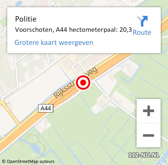 Locatie op kaart van de 112 melding: Politie Voorschoten, A44 hectometerpaal: 20,3 op 14 november 2024 21:11