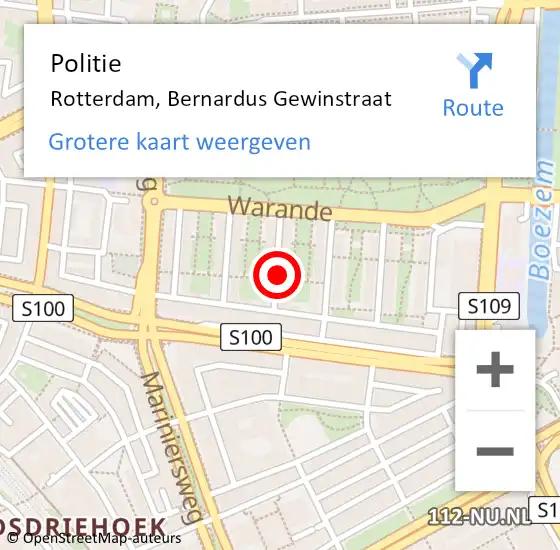 Locatie op kaart van de 112 melding: Politie Rotterdam, Bernardus Gewinstraat op 14 november 2024 22:18