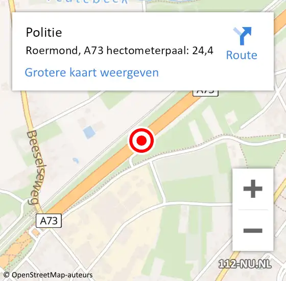 Locatie op kaart van de 112 melding: Politie Roermond, A73 hectometerpaal: 24,4 op 15 november 2024 07:18