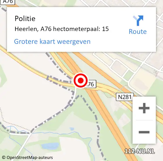 Locatie op kaart van de 112 melding: Politie Heerlen, A76 hectometerpaal: 15 op 15 november 2024 07:42