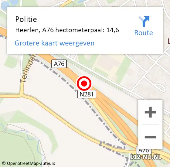 Locatie op kaart van de 112 melding: Politie Heerlen, A76 hectometerpaal: 14,6 op 15 november 2024 07:45