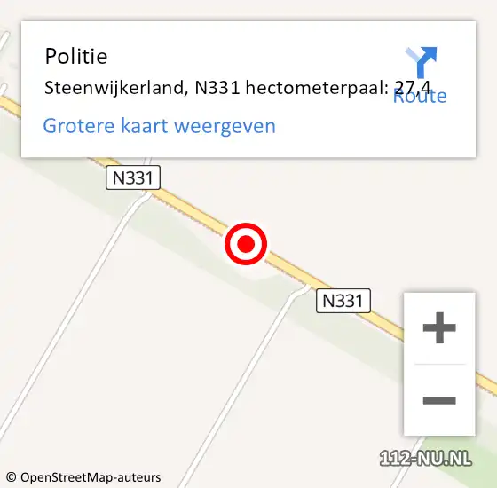 Locatie op kaart van de 112 melding: Politie Steenwijkerland, N331 hectometerpaal: 27,4 op 15 november 2024 07:58