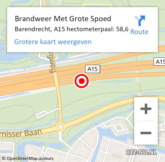 Locatie op kaart van de 112 melding: Brandweer Met Grote Spoed Naar Barendrecht, A15 hectometerpaal: 58,6 op 15 november 2024 08:26