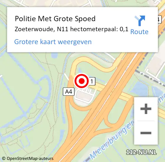 Locatie op kaart van de 112 melding: Politie Met Grote Spoed Naar Zoeterwoude, N11 hectometerpaal: 0,1 op 15 november 2024 12:52