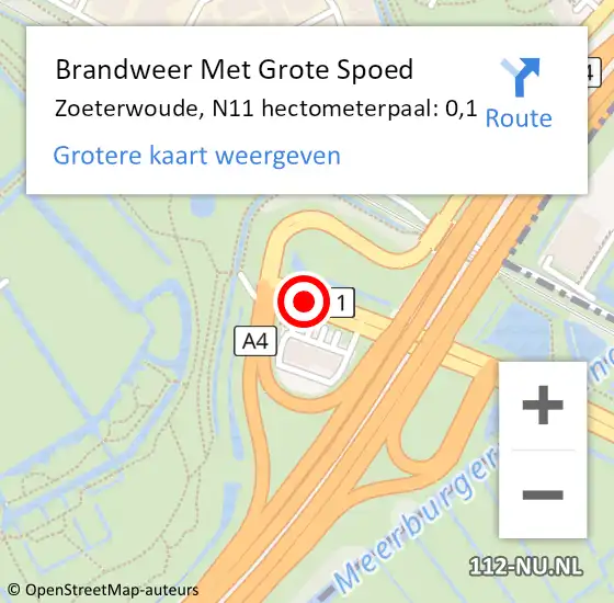 Locatie op kaart van de 112 melding: Brandweer Met Grote Spoed Naar Zoeterwoude, N11 hectometerpaal: 0,1 op 15 november 2024 13:00