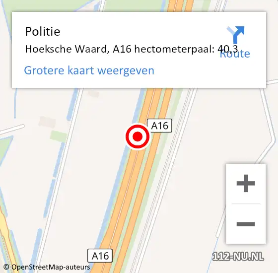 Locatie op kaart van de 112 melding: Politie Hoeksche Waard, A16 hectometerpaal: 40,3 op 15 november 2024 13:38