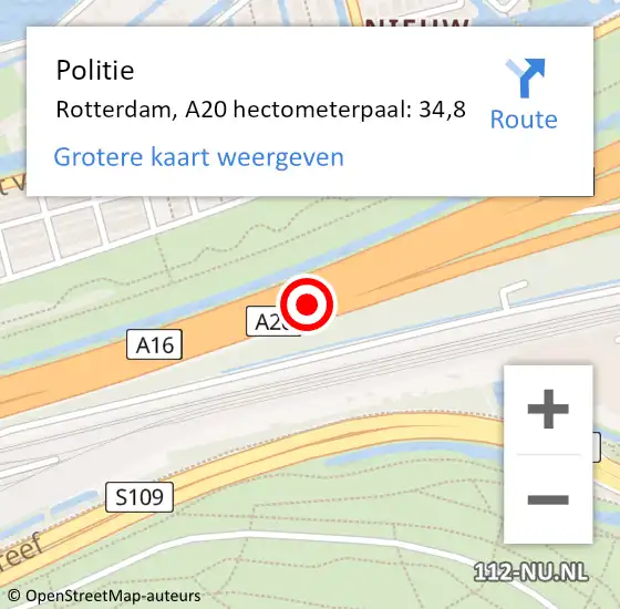 Locatie op kaart van de 112 melding: Politie Rotterdam, A20 hectometerpaal: 34,8 op 15 november 2024 14:06