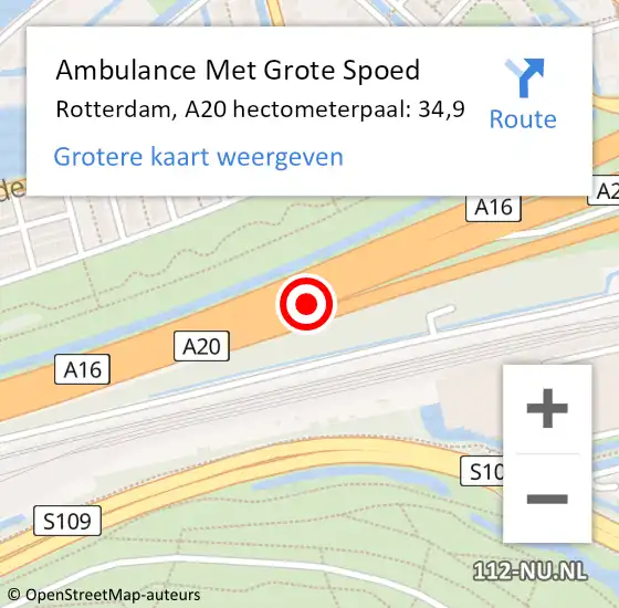 Locatie op kaart van de 112 melding: Ambulance Met Grote Spoed Naar Rotterdam, A20 hectometerpaal: 34,9 op 15 november 2024 14:10