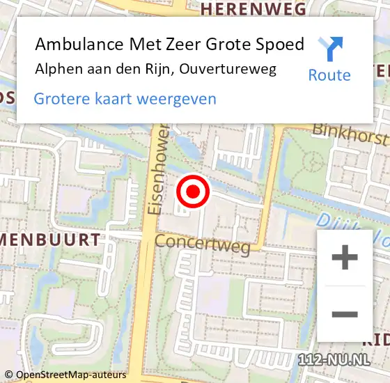 Locatie op kaart van de 112 melding: Ambulance Met Zeer Grote Spoed Naar Alphen aan den Rijn, Ouvertureweg op 15 november 2024 14:12