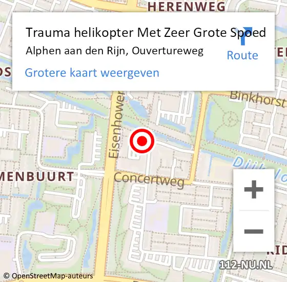 Locatie op kaart van de 112 melding: Trauma helikopter Met Zeer Grote Spoed Naar Alphen aan den Rijn, Ouvertureweg op 15 november 2024 14:13