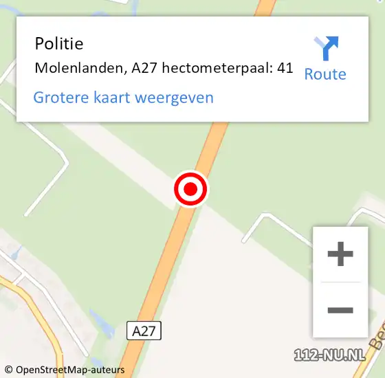 Locatie op kaart van de 112 melding: Politie Molenlanden, A27 hectometerpaal: 41 op 15 november 2024 14:23