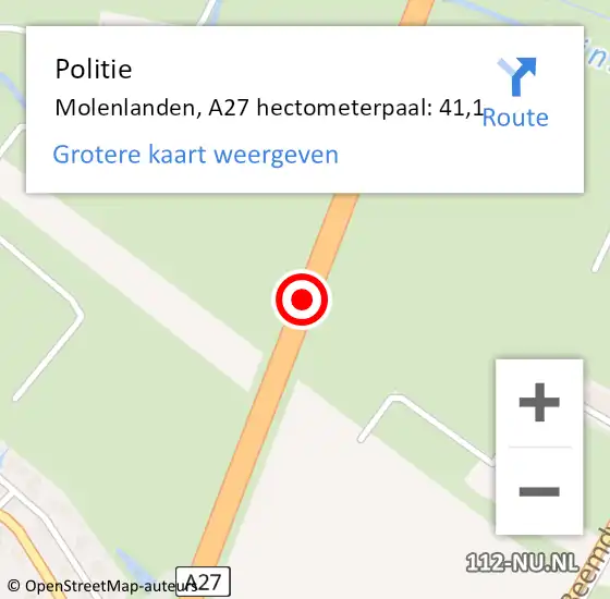 Locatie op kaart van de 112 melding: Politie Molenlanden, A27 hectometerpaal: 41,1 op 15 november 2024 14:24