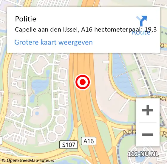 Locatie op kaart van de 112 melding: Politie Capelle aan den IJssel, A16 hectometerpaal: 19,3 op 15 november 2024 17:13