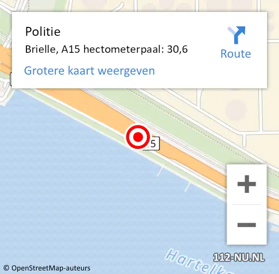 Locatie op kaart van de 112 melding: Politie Brielle, A15 hectometerpaal: 30,6 op 15 november 2024 17:31