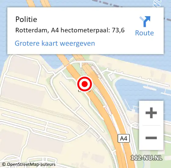 Locatie op kaart van de 112 melding: Politie Rotterdam, A4 hectometerpaal: 73,6 op 15 november 2024 18:00