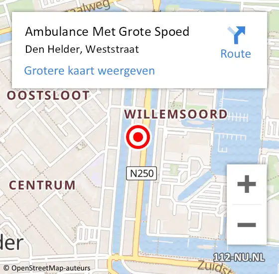 Locatie op kaart van de 112 melding: Ambulance Met Grote Spoed Naar Den Helder, Weststraat op 15 november 2024 18:03