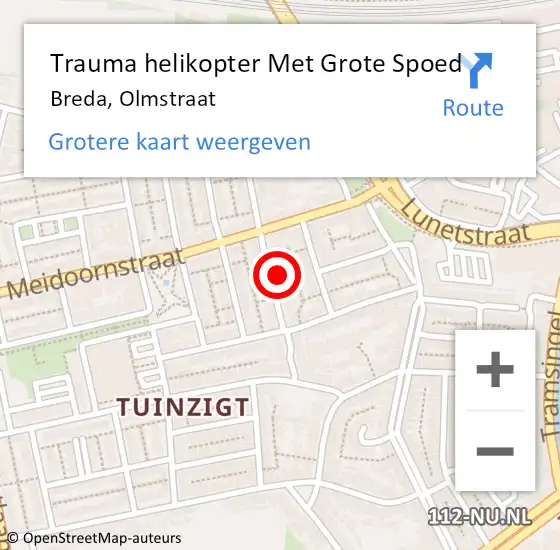 Locatie op kaart van de 112 melding: Trauma helikopter Met Grote Spoed Naar Breda, Olmstraat op 15 november 2024 18:19