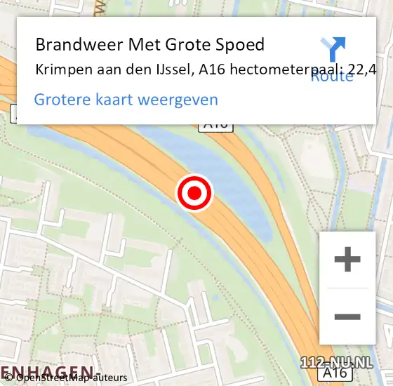 Locatie op kaart van de 112 melding: Brandweer Met Grote Spoed Naar Krimpen aan den IJssel, A16 hectometerpaal: 22,4 op 15 november 2024 18:49