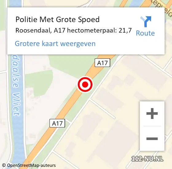 Locatie op kaart van de 112 melding: Politie Met Grote Spoed Naar Roosendaal, A17 hectometerpaal: 21,7 op 15 november 2024 18:49