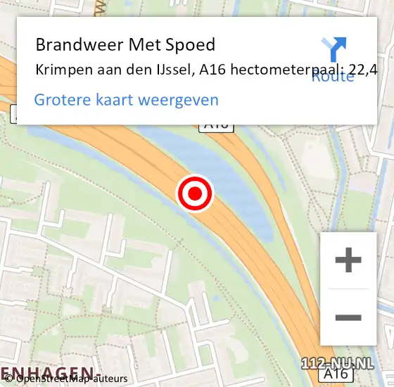 Locatie op kaart van de 112 melding: Brandweer Met Spoed Naar Krimpen aan den IJssel, A16 hectometerpaal: 22,4 op 15 november 2024 19:18