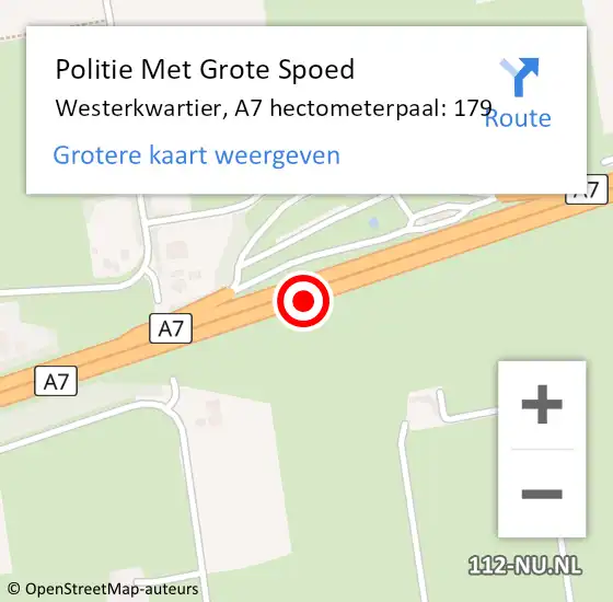 Locatie op kaart van de 112 melding: Politie Met Grote Spoed Naar Westerkwartier, A7 hectometerpaal: 179 op 16 november 2024 01:50