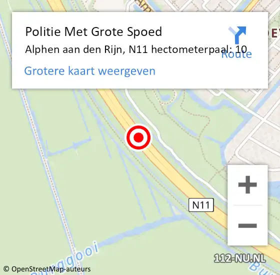 Locatie op kaart van de 112 melding: Politie Met Grote Spoed Naar Alphen aan den Rijn, N11 hectometerpaal: 10 op 16 november 2024 02:15