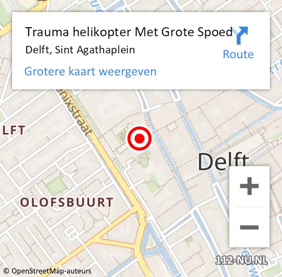 Locatie op kaart van de 112 melding: Trauma helikopter Met Grote Spoed Naar Delft, Sint Agathaplein op 16 november 2024 02:31