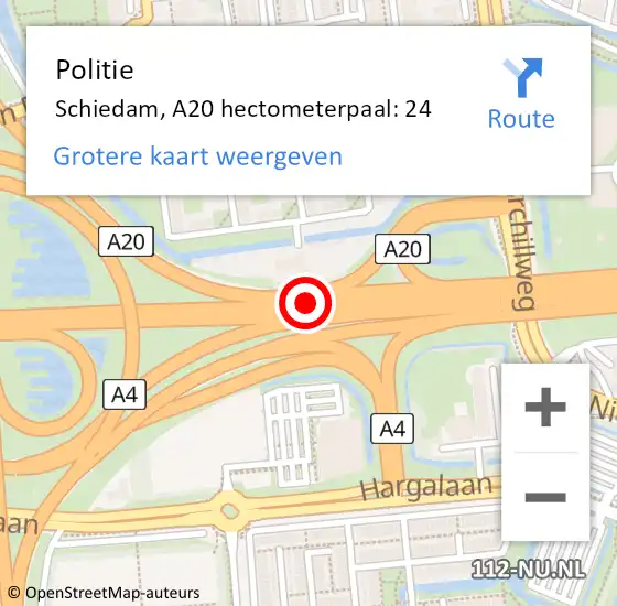 Locatie op kaart van de 112 melding: Politie Schiedam, A20 hectometerpaal: 24 op 16 november 2024 07:14