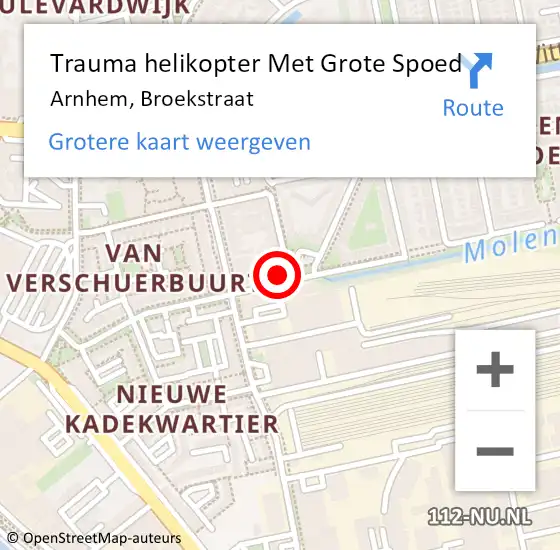 Locatie op kaart van de 112 melding: Trauma helikopter Met Grote Spoed Naar Arnhem, Broekstraat op 16 november 2024 10:12