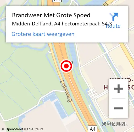 Locatie op kaart van de 112 melding: Brandweer Met Grote Spoed Naar Midden-Delfland, A4 hectometerpaal: 54,3 op 16 november 2024 11:40