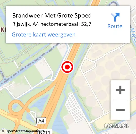 Locatie op kaart van de 112 melding: Brandweer Met Grote Spoed Naar Rijswijk, A4 hectometerpaal: 52,7 op 16 november 2024 12:04