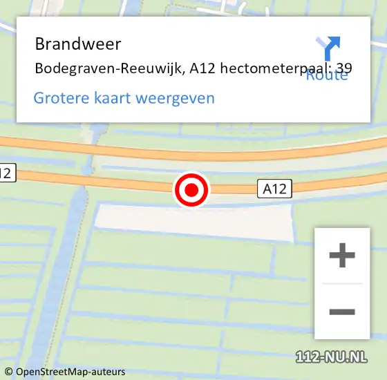 Locatie op kaart van de 112 melding: Brandweer Bodegraven-Reeuwijk, A12 hectometerpaal: 39 op 16 november 2024 12:04